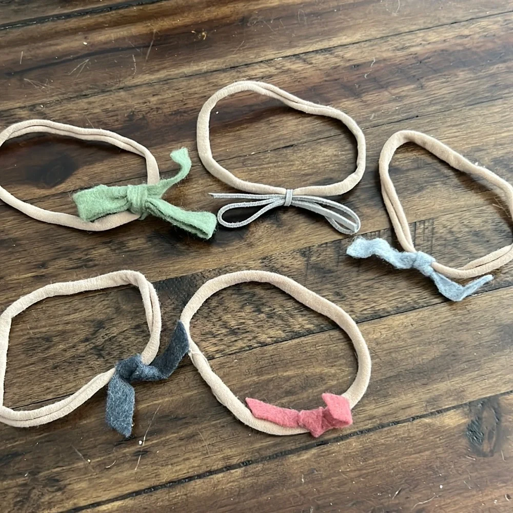 Tiny Newborn Headbands - green, pink and 3 shades of grey